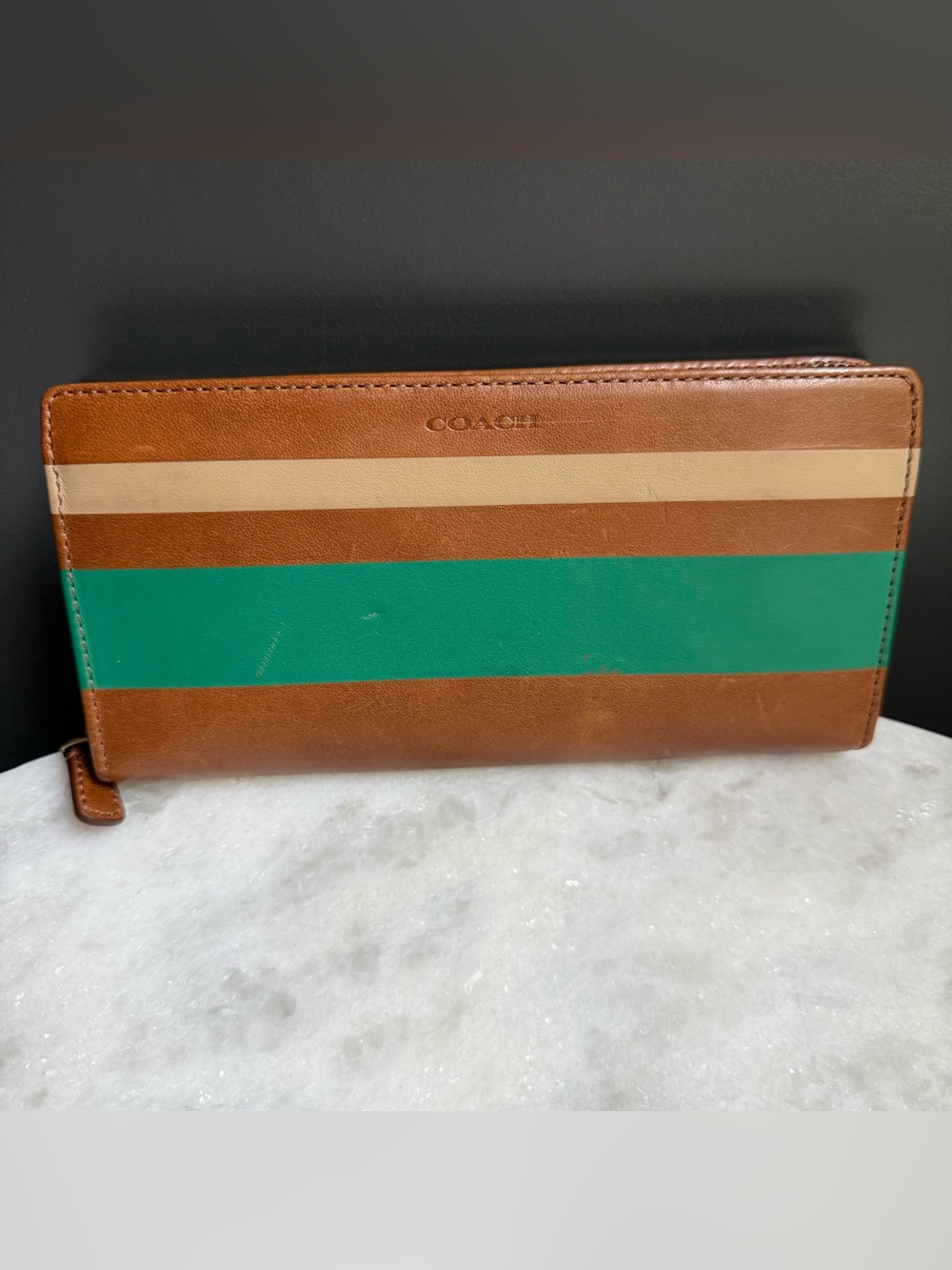 NWT RARE 💎 Coach Bleecker Legacy Debossed Stripe Leather Accordion Zip Wallet